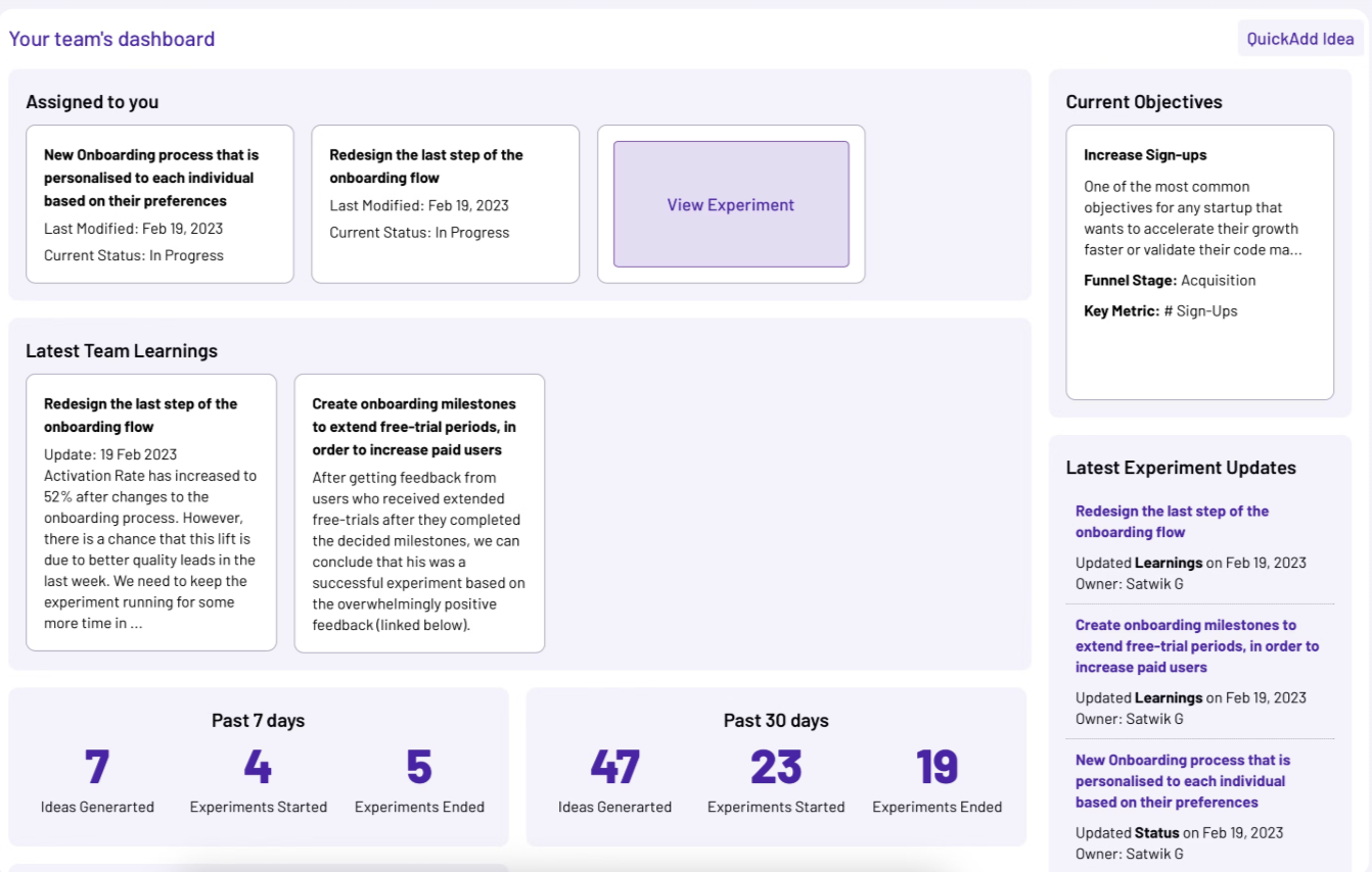 Startup team dashboard showing experiments, objectives, and learnings